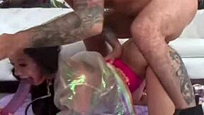 brunette sage hunter throat fucked deep with rough face pounding and cum!