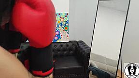 Chubby girl's big bouncing boobs tease during sweaty boxing training workout