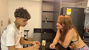 My big-ass stepmom bets with me and I cheat to fuck her hard