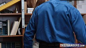 innocent shoplifter teen strips bare then rides security's cock begging