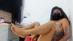 Sweet Miniskirt Fishnet Girl Takes HUGE Horse Dildo!