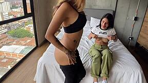 petite teen and tall milf latinas ride cocks in rough bisexual threesome