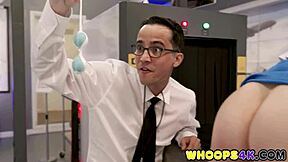 Flight attendant, bend over for my deep inspection right here!