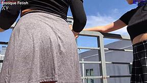 Erotique fetish patio threesome heats up barefoot. Two amateurs footjob Eric John's huge cock wet