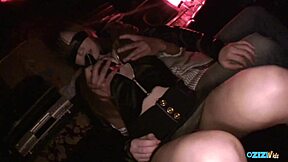 young asian brunette teases guy rubbing hairy pussy nipples heels booth