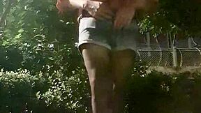 Chinese Ladyboy Strokes Legs in Stockings, Outdoor Cumshot Tease?