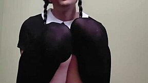 ts wednesday addams cums hard on huge dildo in lingerie...